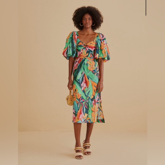 FARM Rio Dresses & Skirts - Farm Rio Multicolor Banana Foliage Puff Sleeve Midi Dress